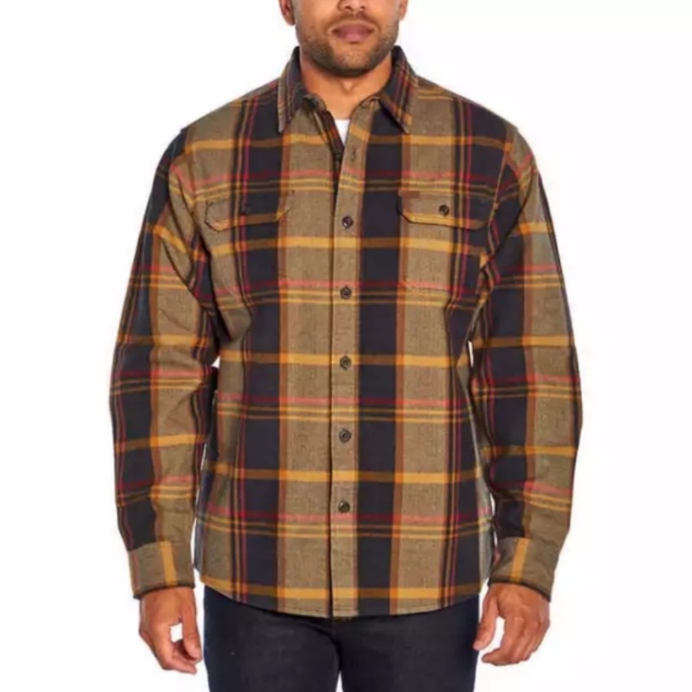 Orvis Button Down Heavyweight Flannel Shirt Shacket in Brown/Red/Tan Plaid